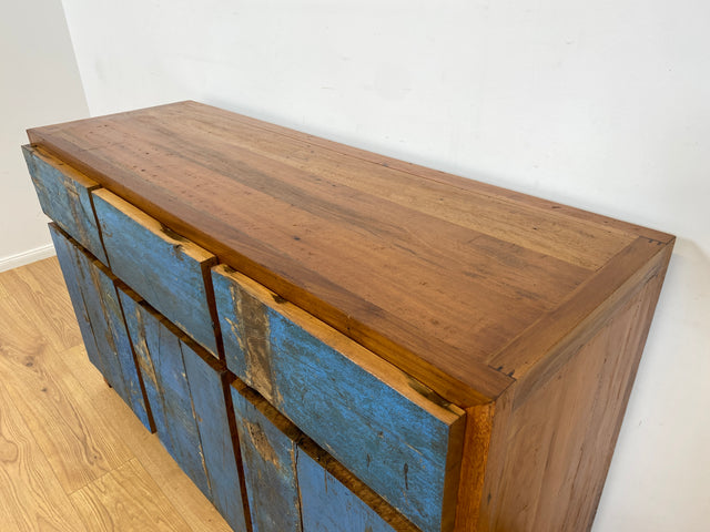 Boatwood by WMK # Sehr schönes meeresblaues Sideboard mit Schubladen , ein aus altem Bootsholz handgefertigtes Unikat aus massivem Teakholz # Schrank Kommode Anrichte Wäschekommode Fernsehkommode Teak