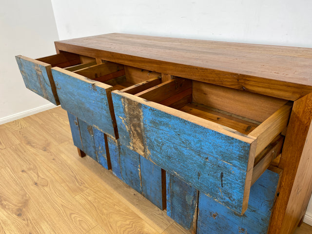 Boatwood by WMK # Sehr schönes meeresblaues Sideboard mit Schubladen , ein aus altem Bootsholz handgefertigtes Unikat aus massivem Teakholz # Schrank Kommode Anrichte Wäschekommode Fernsehkommode Teak