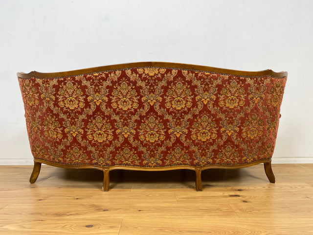 WMK Pompöses, bequemes und sehr gut erhaltenes Vintage Sofa im Stile des Rokoko mit hochwertigem Brokat Stoffbezug und reichverziertem Nussbaum Rahmen # Couch Chaiselongue Barock Chippendale Vintage