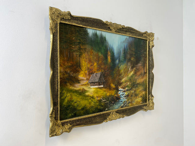 WMK Friendly &amp; very well painted oil on canvas landscape painting, 111x80cm, signed with PR98, in well-preserved stucco frame in gold # Painting Picture Wall Painting Oil Painting Gold Frame Vintage