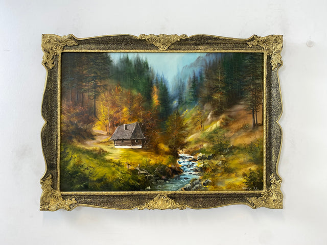 WMK Friendly &amp; very well painted oil on canvas landscape painting, 111x80cm, signed with PR98, in well-preserved stucco frame in gold # Painting Picture Wall Painting Oil Painting Gold Frame Vintage