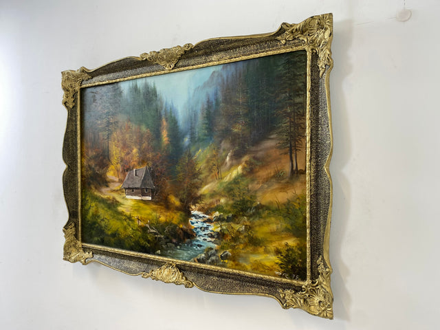 WMK Friendly &amp; very well painted oil on canvas landscape painting, 111x80cm, signed with PR98, in well-preserved stucco frame in gold # Painting Picture Wall Painting Oil Painting Gold Frame Vintage