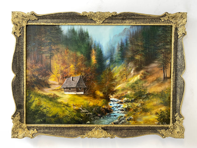 WMK Friendly &amp; very well painted oil on canvas landscape painting, 111x80cm, signed with PR98, in well-preserved stucco frame in gold # Painting Picture Wall Painting Oil Painting Gold Frame Vintage