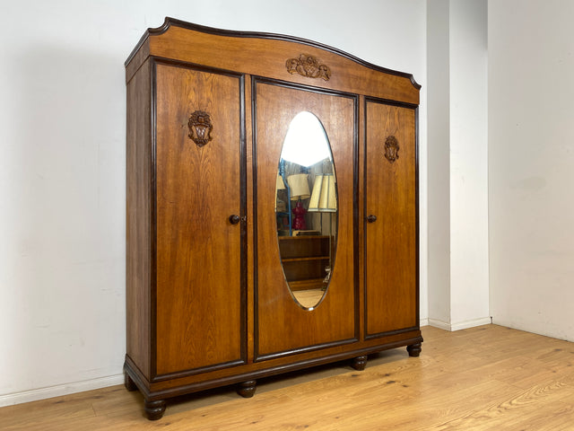 WMK Sehr imposanter und gut erhaltener antiker Kleiderschrank aus vollem Eichenholz mit Spiegeltür # Schrank Wäscheschrank Schlafzimmerschrank Dielenschrank Bauernschrank Wardrobe Vintage Jugendstil