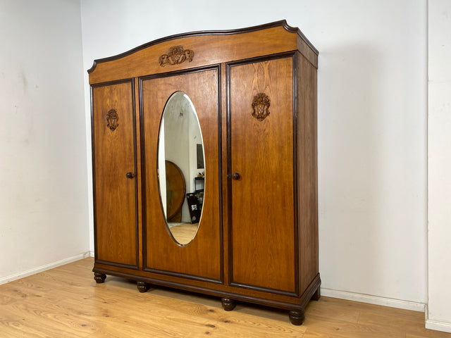 WMK Sehr imposanter und gut erhaltener antiker Kleiderschrank aus vollem Eichenholz mit Spiegeltür # Schrank Wäscheschrank Schlafzimmerschrank Dielenschrank Bauernschrank Wardrobe Vintage Jugendstil