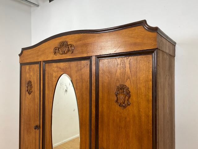 WMK Sehr imposanter und gut erhaltener antiker Kleiderschrank aus vollem Eichenholz mit Spiegeltür # Schrank Wäscheschrank Schlafzimmerschrank Dielenschrank Bauernschrank Wardrobe Vintage Jugendstil