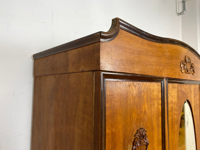 WMK Sehr imposanter und gut erhaltener antiker Kleiderschrank aus vollem Eichenholz mit Spiegeltür # Schrank Wäscheschrank Schlafzimmerschrank Dielenschrank Bauernschrank Wardrobe Vintage Jugendstil