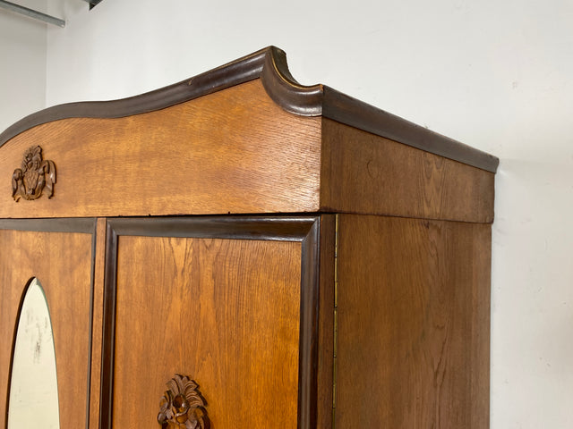 WMK Sehr imposanter und gut erhaltener antiker Kleiderschrank aus vollem Eichenholz mit Spiegeltür # Schrank Wäscheschrank Schlafzimmerschrank Dielenschrank Bauernschrank Wardrobe Vintage Jugendstil