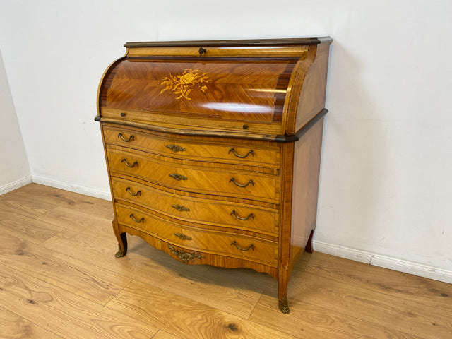 WMK # Vornehmer und gut erhaltener dänischer 60er Jahre Sekretär im Stil Louis XVI aus vollem Holz, mit feinen Intarsien # Sekretär Schreibschrank Schreibtisch Kommode Desk Barock Rokoko XV Vintage