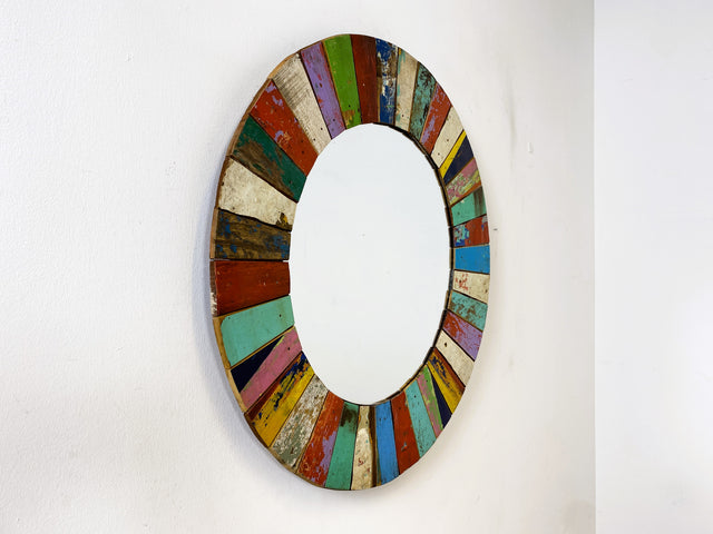 Boatwood by WMK # Beautiful round wall mirror made of old boat wood, a handmade unique piece made of teak in the original colors of the boats # colorful mirror bathroom mirror hallway mirror boat furniture artwork art