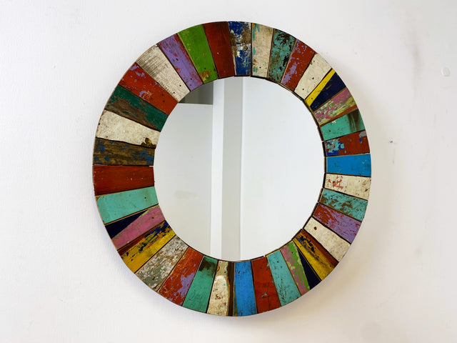 Boatwood by WMK # Beautiful round wall mirror made of old boat wood, a handmade unique piece made of teak in the original colors of the boats # colorful mirror bathroom mirror hallway mirror boat furniture artwork art