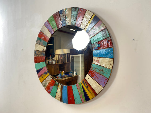 Boatwood by WMK # Beautiful round wall mirror made of old boat wood, a handmade unique piece made of teak in the original colors of the boats # colorful mirror bathroom mirror hallway mirror boat furniture artwork art