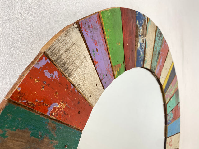 Boatwood by WMK # Beautiful round wall mirror made of old boat wood, a handmade unique piece made of teak in the original colors of the boats # colorful mirror bathroom mirror hallway mirror boat furniture artwork art