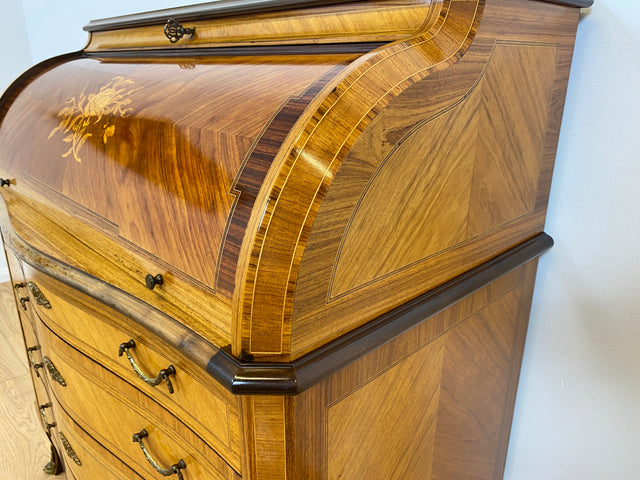 WMK # Vornehmer und gut erhaltener dänischer 60er Jahre Sekretär im Stil Louis XVI aus vollem Holz, mit feinen Intarsien # Sekretär Schreibschrank Schreibtisch Kommode Desk Barock Rokoko XV Vintage