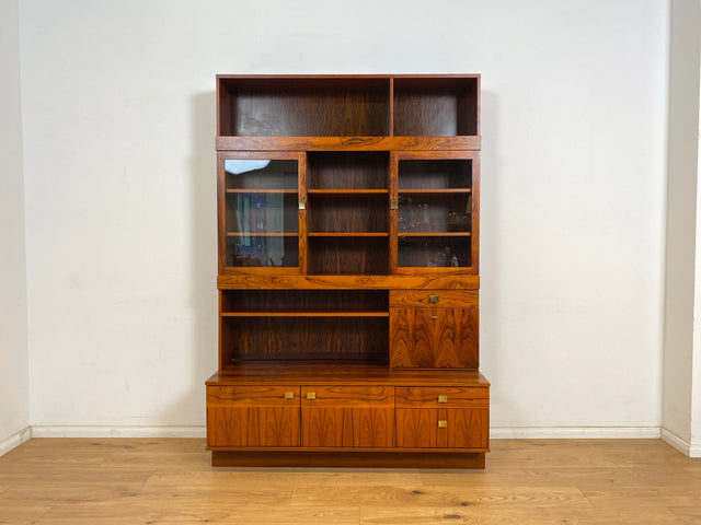 WMK Hochwertiger und sehr gut erhaltener skandinavische Bücherschrank in Palisander mit Vitrine & edlen Messinggriffen # Regal Bücherregal Wohnzimmerschrank Highboard Sideboard Rosewood Vintage Design