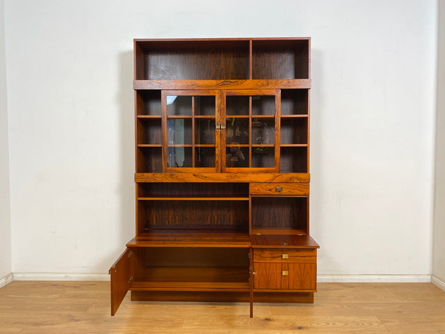 WMK Hochwertiger und sehr gut erhaltener skandinavische Bücherschrank in Palisander mit Vitrine & edlen Messinggriffen # Regal Bücherregal Wohnzimmerschrank Highboard Sideboard Rosewood Vintage Design