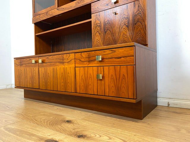 WMK Hochwertiger und sehr gut erhaltener skandinavische Bücherschrank in Palisander mit Vitrine & edlen Messinggriffen # Regal Bücherregal Wohnzimmerschrank Highboard Sideboard Rosewood Vintage Design