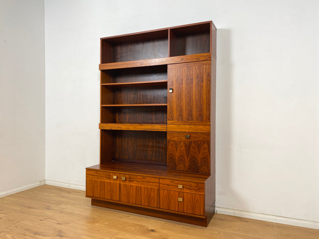 WMK Hochwertiger und sehr gut erhaltener skandinavische Bücherschrank in Palisander mit Vitrine & edlen Messinggriffen # Regal Bücherregal Wohnzimmerschrank Highboard Sideboard Rosewood Vintage Design