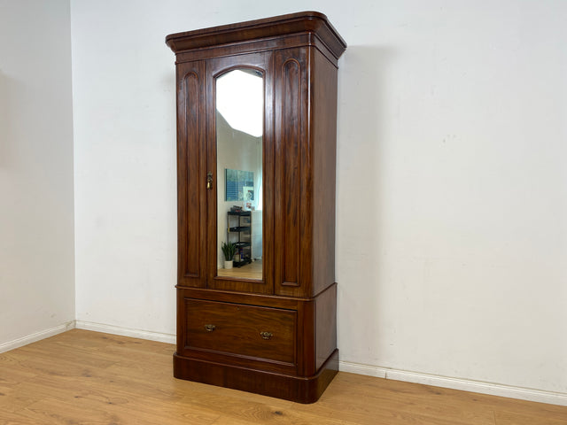 WMK Seltener englischer antiker Kleiderschrank aus vollem Holz mit Spiegeltür, Schublade & Messinggriffen # schmaler Schrank Wäscheschrank Vertiko Dielenschrank Garderobe Vintage Biedermeier Regency