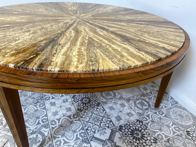 WMK Sehr gut erhaltener runder Mid-Century Designercouchtisch in skandinavischem Design von Berthold Müller mit schöner Natursteinplatte & Holzgstell aus Palisander # Couchtisch Coffee Table Vintage