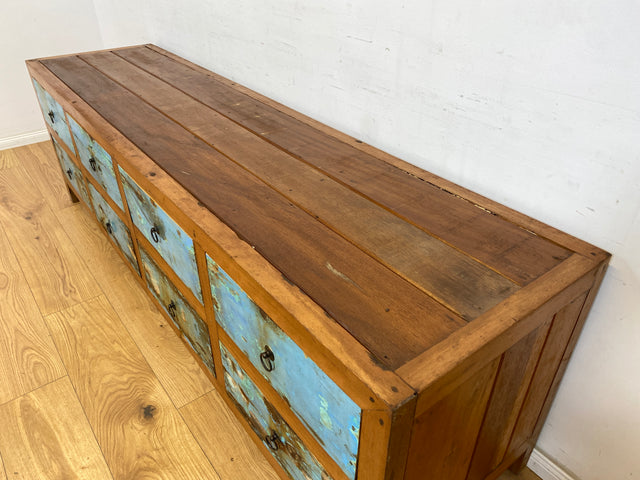 Boatwood by WMK # Nachhaltiges Sideboard mit Schubladen in Meeresblau, ein aus altem Bootsholz handgefertigtes Unikat aus massivem Teakholz # Kommode TV-Lowboard Fernsehkommode TV-Bank Bootsmöbel Teak