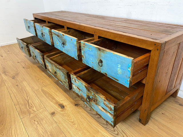 Boatwood by WMK # Nachhaltiges Sideboard mit Schubladen in Meeresblau, ein aus altem Bootsholz handgefertigtes Unikat aus massivem Teakholz # Kommode TV-Lowboard Fernsehkommode TV-Bank Bootsmöbel Teak