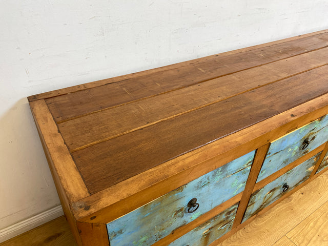 Boatwood by WMK # Nachhaltiges Sideboard mit Schubladen in Meeresblau, ein aus altem Bootsholz handgefertigtes Unikat aus massivem Teakholz # Kommode TV-Lowboard Fernsehkommode TV-Bank Bootsmöbel Teak