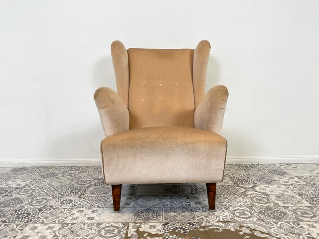 WMK Stylish and very well preserved Scandinavian wing chair with velvet cover and comfortable spring core seat # Armchair Lounge chair Reading chair Relaxation chair Easychair Mid-Century Vintage Danish Design