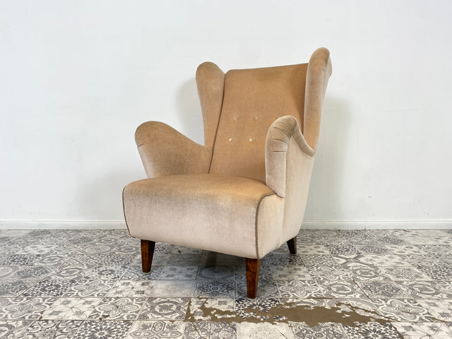 WMK Stylish and very well preserved Scandinavian wing chair with velvet cover and comfortable spring core seat # Armchair Lounge chair Reading chair Relaxation chair Easychair Mid-Century Vintage Danish Design