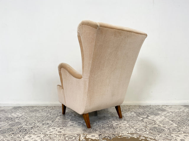 WMK Stylish and very well preserved Scandinavian wing chair with velvet cover and comfortable spring core seat # Armchair Lounge chair Reading chair Relaxation chair Easychair Mid-Century Vintage Danish Design