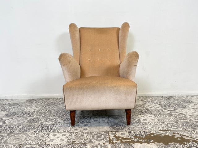 WMK Stilvoller und sehr gut erhaltener skandinavischer Ohrensessel mit Samtbezug und bequemen Federkernsitz # Sessel Loungesessel Lesesessel Relaxsessel Easychair Mid-Century Vintage Danish Design