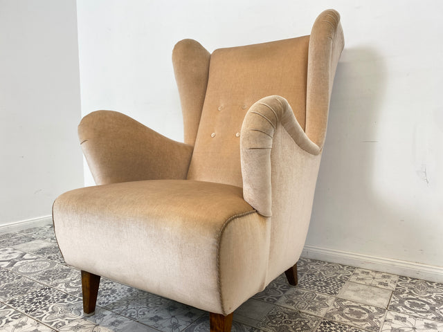 WMK Stylish and very well preserved Scandinavian wing chair with velvet cover and comfortable spring core seat # Armchair Lounge chair Reading chair Relaxation chair Easychair Mid-Century Vintage Danish Design