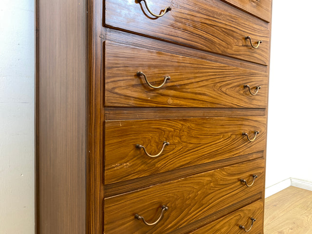 WMK Sehr schönes und geräumiges skandinavisches Highboard aus vollem Holz mit Bierlasur , Schubladen & Messinggriffen # Schrank Kommode Schubladenkommode Wäschekommode Sideboard Mid-Century Vintage