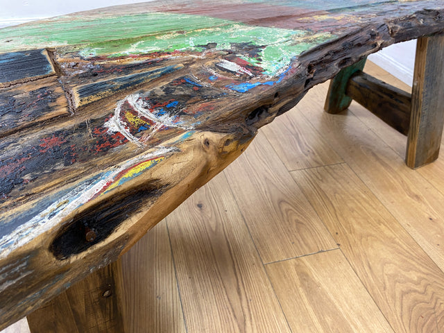 Boatwood by WMK I Nachhaltige & sehr robuste Bank aus altem Bootsholz I handgefertigtes Unikat I Teakholz massiv in Originalfarbe I Holzbank Bench Küchenbank Sitz Balkon Garten Möbel Treibholz Loft