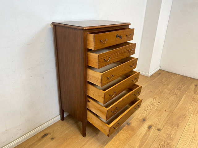 WMK Sehr schönes und geräumiges skandinavisches Highboard aus vollem Holz mit Bierlasur , Schubladen & Messinggriffen # Schrank Kommode Schubladenkommode Wäschekommode Sideboard Mid-Century Vintage