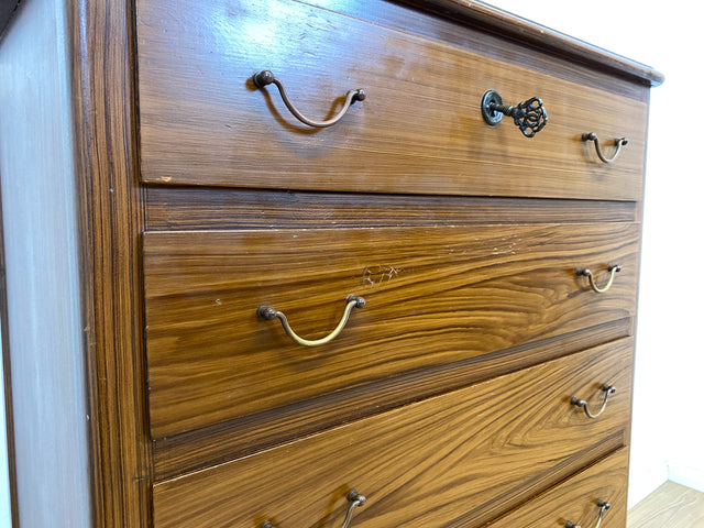 WMK Sehr schönes und geräumiges skandinavisches Highboard aus vollem Holz mit Bierlasur , Schubladen & Messinggriffen # Schrank Kommode Schubladenkommode Wäschekommode Sideboard Mid-Century Vintage