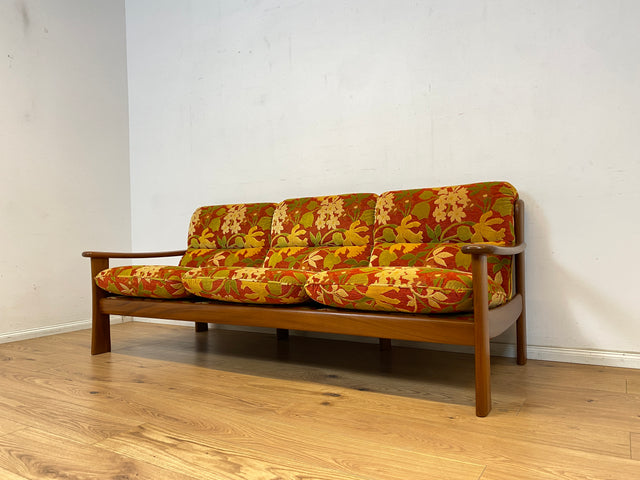 WMK Freundliches, hochwertiges & sehr gut erhaltenes skandinavisches Sofa mit Teakholz Rahmen und flippigem Originalbezug # Sofa Couch Daybed 3-Sitzer Teak Danish Design Mid-Century 60er 70er Vintage