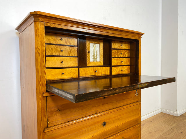 WMK Wunderschöner und gut erhaltener antiker Sekretär aus vollem Holz mit 12 Schubladen & fester Schreibplatte # Schreibschrank Schreibtisch Highboard Kommode Wäschekommode Schrank Biedermeier Vintage