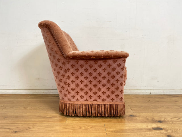 WMK 1/2 Sweet, comfortable &amp; very well preserved armchair with fringes &amp; velvety original cover in pretty old pink # Armchair Upholstered armchair Reading chair Seating set Sofa set Vintage # Unit price