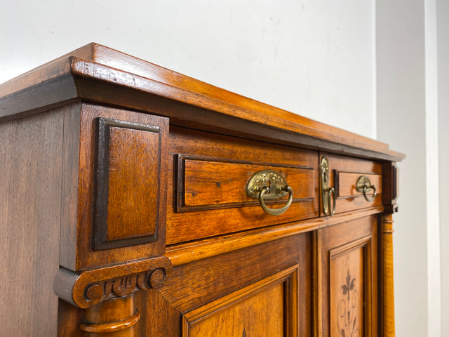 WMK Besonders schönes dänisches antikes Vertiko aus vollem Holz mit Schublade , Intarsien und Messingbeschlägen # Schrank Wäscheschrank Flurschrank Dielenschrank Kommode Cabinet Gründerzeit Vintage