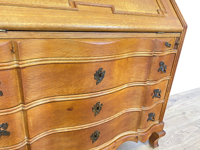 WMK Hochwertiger und sehr gut erhaltener dänischer 60er Jahre Aufsatzsekretär im Barockstil aus massiver Eiche mit edlen Messinggriffen # Sekretär Schreibschrank Schreibtisch Vitrine Schrank Vintage