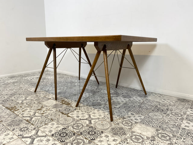 WMK Stilvoller und sehr gut erhaltener Esstisch aus massiver Tischplatte auf formschönen Böcken, sehr stabil # Tisch Esszimmertisch Küchentisch Ausstelltisch Ablage Design Vintage # Versand möglich