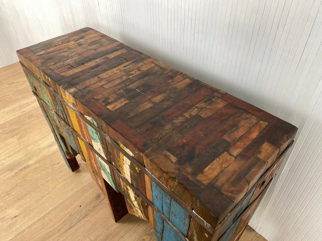 Boatwood by WMK # Kunstvolle Konsole (ohne Türen) aus altem Bootsholz, ein handgefertigtes Unikat aus massivem Teakholz # Flurkommode Podest Blumenbank Ablage Beistelltisch Kunstwerk Art Upcycling.