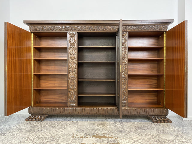 WMK Imposanter und sehr gut erhaltener antiker Bücherschrank aus Eiche mit Wurzelholz veredelt # Schrank Vitrine Büchervitrine Bücherregal Herrenzimmer Bibliothek Neorenaissance Gründerzeit Vintage