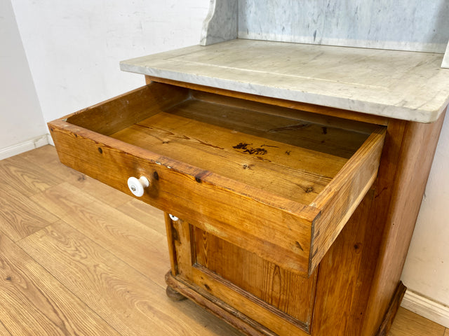 WMK Sehr hübsche dänische antike Kommode aus vollem Holz mit Marmor Aufsatz und Schublade # Schrank Marmorkommode Flurkommode Waschtisch Ablage Wickelkommode Weichholz Biedermeier Jugendstil Vintage