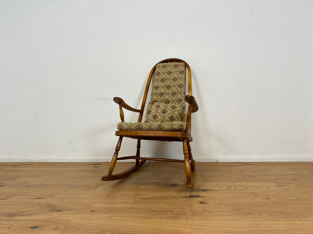 WMK Formschöner, äußerst bequemer und sehr gut erhaltener 60er Jahre Schaukelstuhl mit floraler Polsterung # Sessel Lesesessel Rocking Chair Relaxsessel Holzsessel Vintage Mid-Century Retro