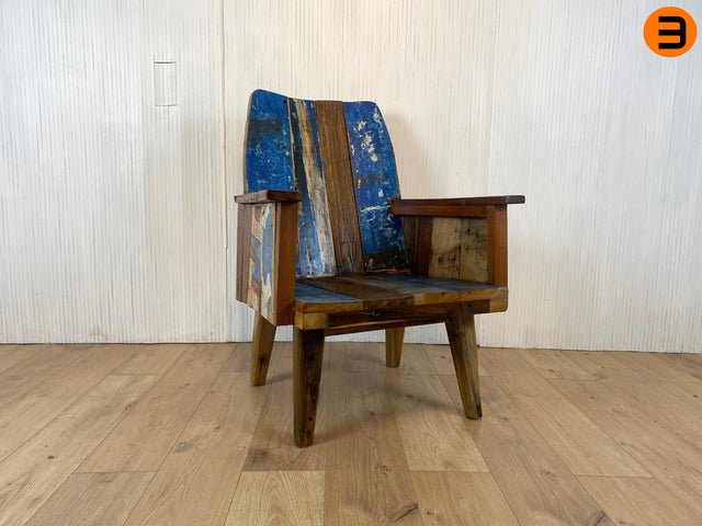 Boatwood by WMK # 1/4 Beautiful armchair in beautiful blue made of old boat wood, a handmade unique piece made of solid teak # Armchair Reading chair Club chair Wooden chair Garden furniture Balcony furniture