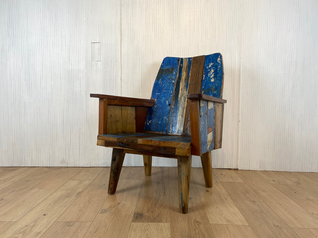 Boatwood by WMK # 1/4 Beautiful armchair in beautiful blue made of old boat wood, a handmade unique piece made of solid teak # Armchair Reading chair Club chair Wooden chair Garden furniture Balcony furniture