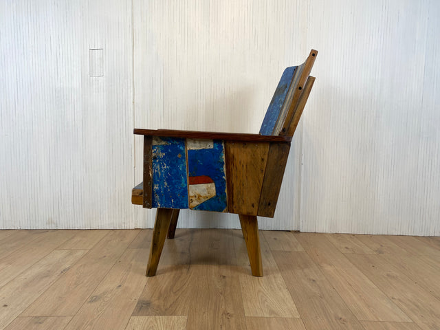 Boatwood by WMK # 1/4 Beautiful armchair in beautiful blue made of old boat wood, a handmade unique piece made of solid teak # Armchair Reading chair Club chair Wooden chair Garden furniture Balcony furniture