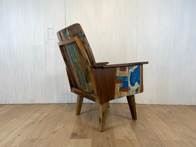 Boatwood by WMK # 1/4 Beautiful armchair in beautiful blue made of old boat wood, a handmade unique piece made of solid teak # Armchair Reading chair Club chair Wooden chair Garden furniture Balcony furniture